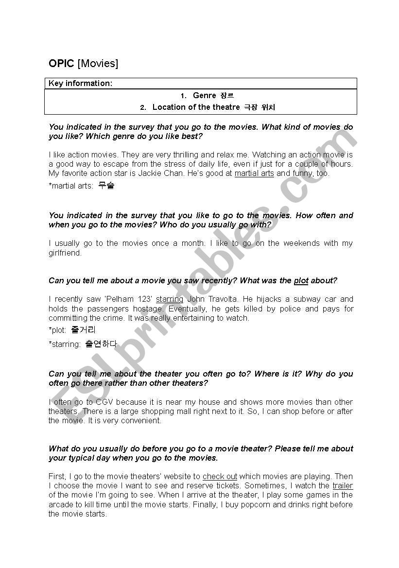 OPIc [Movies] worksheet